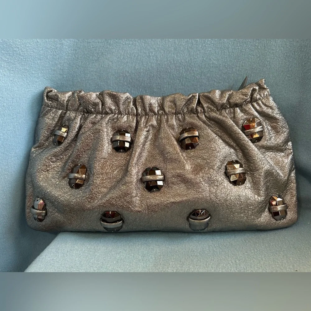 Elie Tahari Loralee Ruched Metallic Leather Clutch Bag w/ crystal embellishments